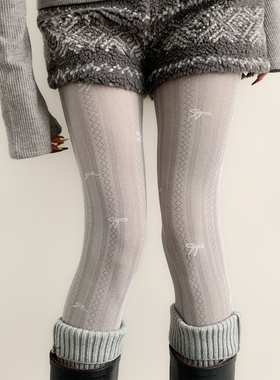 夜间教习室灰色连裤袜女春秋款复古镂空竖纹袜子蝴蝶结印花打底裤