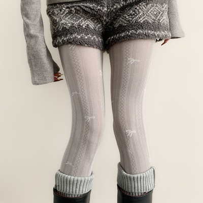 夜间教习室灰色连裤袜女春秋款复古镂空竖纹袜子蝴蝶结印花打底裤