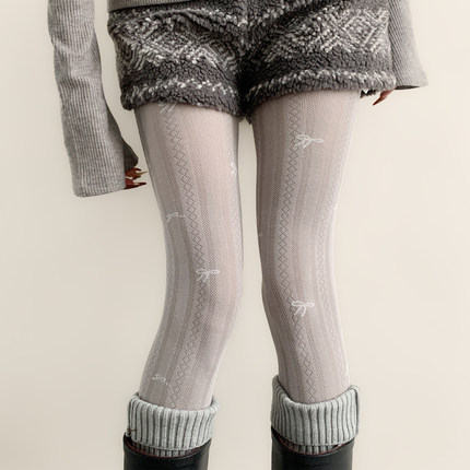 夜间教习室灰色连裤袜女春秋款复古镂空竖纹袜子蝴蝶结印花打底裤