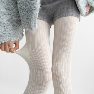 夜间练习室白色连裤袜春秋麻花竖条纹冬季针织堆堆袜套女长筒腿套