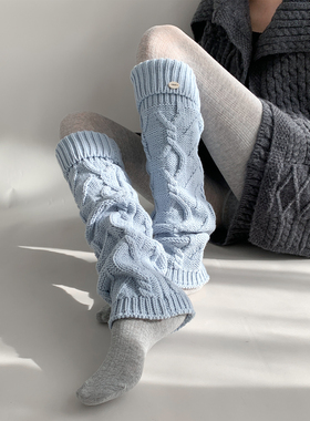 夜间教习室蓝色袜套女秋冬y2k粗线麻花针织堆堆袜复古翻边小腿套