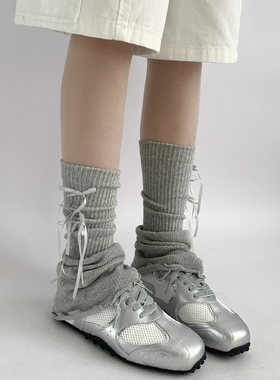 夜间教习室灰色袜套女春针织阔腿喇叭小腿套蝴蝶结jk中筒堆堆袜子