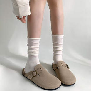 月子袜 中筒棉袜女款 夜间教习室卷边袜子女春秋薄款 白色堆堆袜夏季