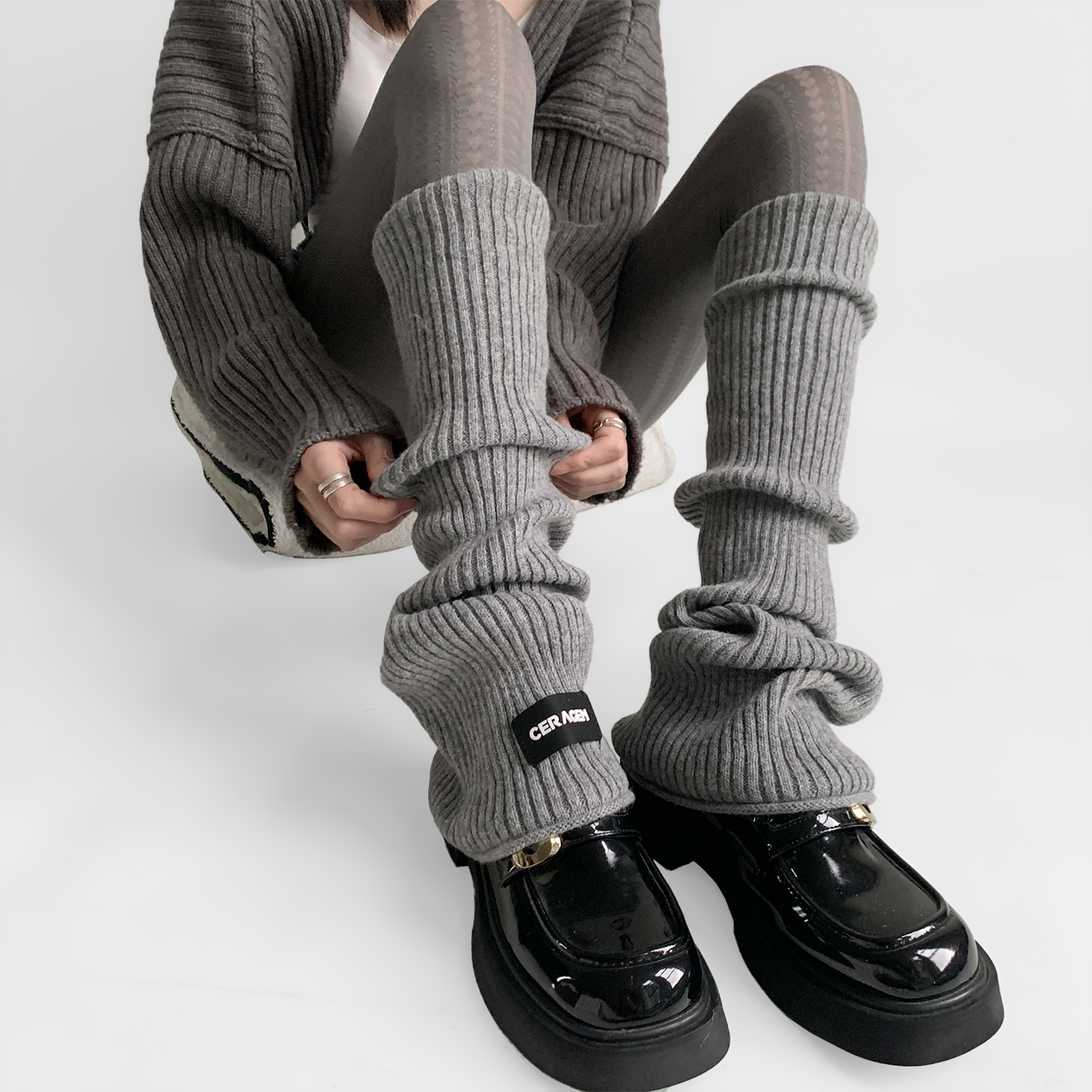 夜间教习室灰色袜套秋冬阔腿卷边堆堆袜长筒坑条针织保暖jk小腿套