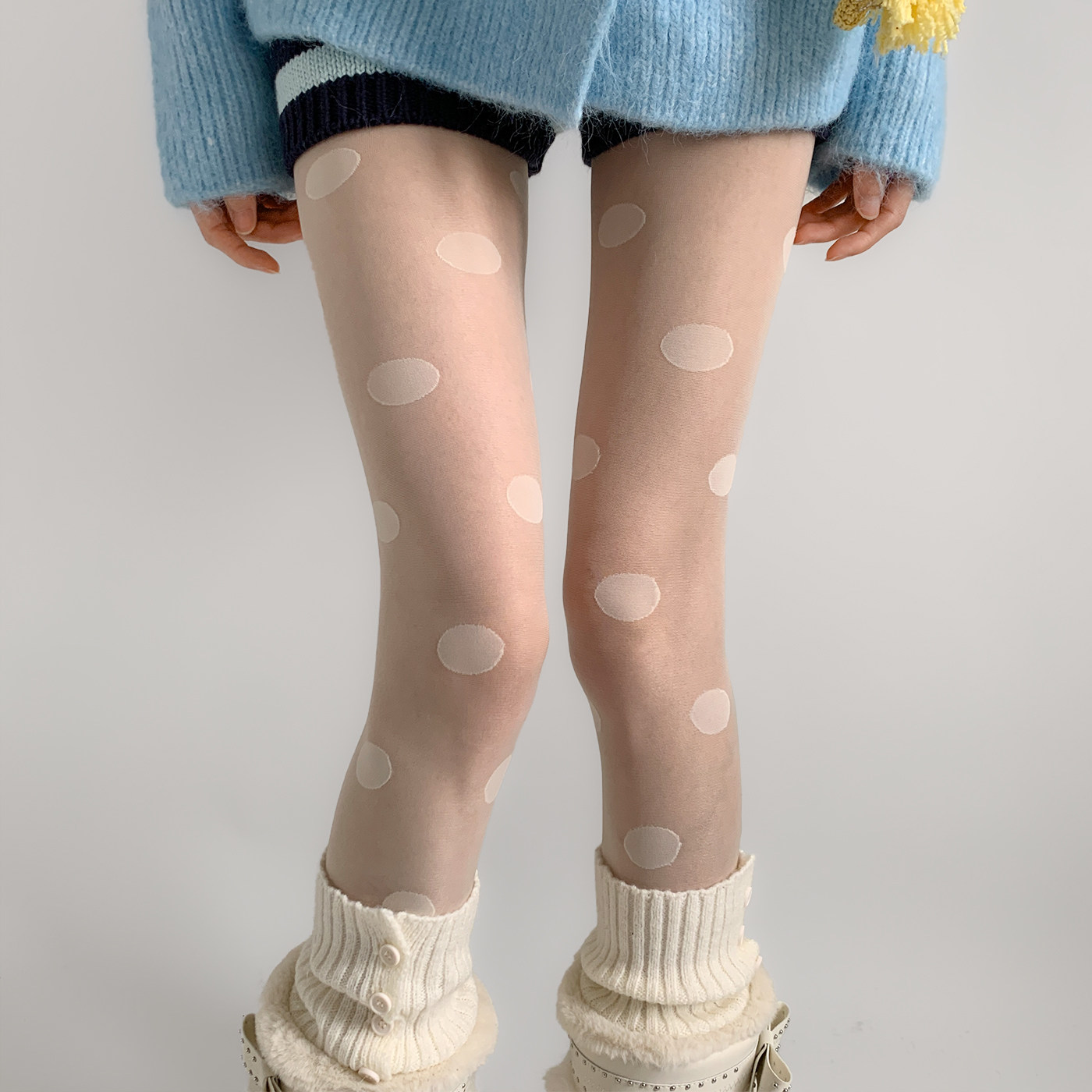 夜间教习室白色丝袜女秋冬薄款大波点印花连裤袜性感显瘦纯欲白丝