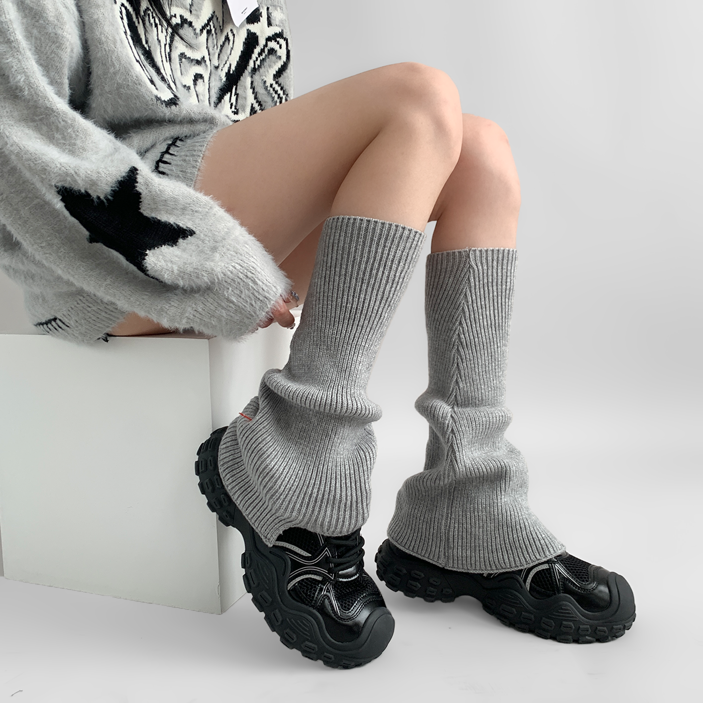 夜间教习室纯色针织竖条纹小腿套