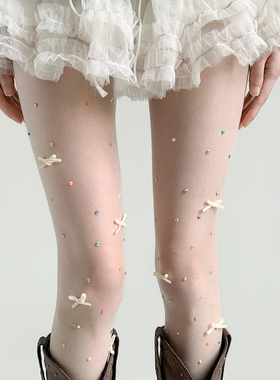 夜间教习室白色丝袜女春季薄款洛丽塔彩钻连裤袜纯欲蝴蝶结美肤袜
