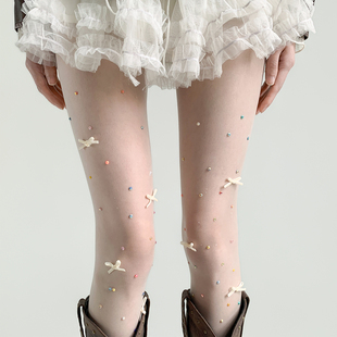 袜纯欲蝴蝶结美肤袜 洛丽塔彩钻连裤 夜间教习室白色丝袜女春季 薄款
