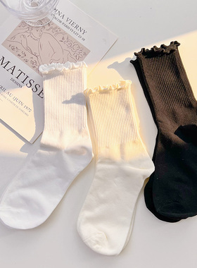 夜间教习室花边袜子女夏季薄款荷叶木耳边中筒白色jk堆堆袜ins潮