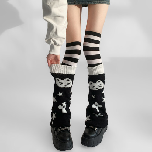 夜间教习室针织袜套黑白可爱毛线堆堆袜女春季长腿套过膝袜子春夏