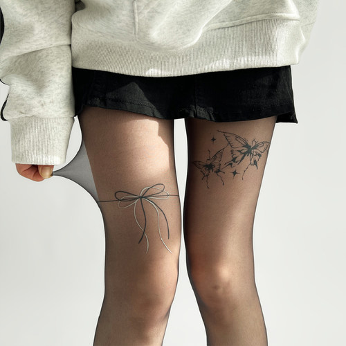 夜间教习室蝴蝶结丝袜女夏季薄款防勾丝黑色连裤袜子字母纹身黑丝