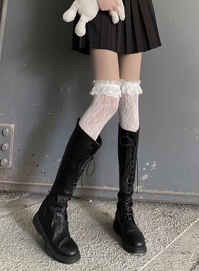 配长靴子的丝袜女春秋蕾丝过膝袜白色洛丽塔小腿袜jk花边袜子黑色