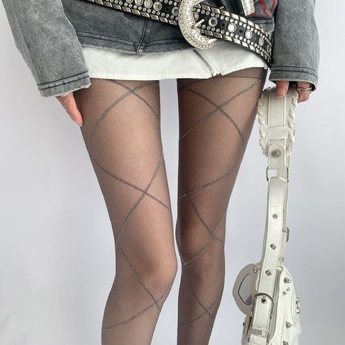 夜间教习室菱格丝袜春款女性感蕾丝灰色连裤袜超薄银丝菱形格灰丝