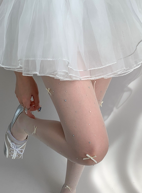 夜间教习室带钻白色丝袜女夏薄款芭蕾风防勾丝连裤袜子蝴蝶结白丝