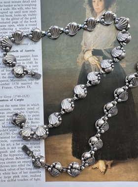 欧洲古董，丹麦老银贝壳含珠绝版银项链套装，链长41cm手链长20cm