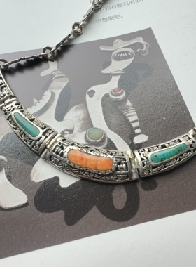 伦敦买回，秘鲁银项链镶嵌老松石一体链款式独特，长约45cm重28克