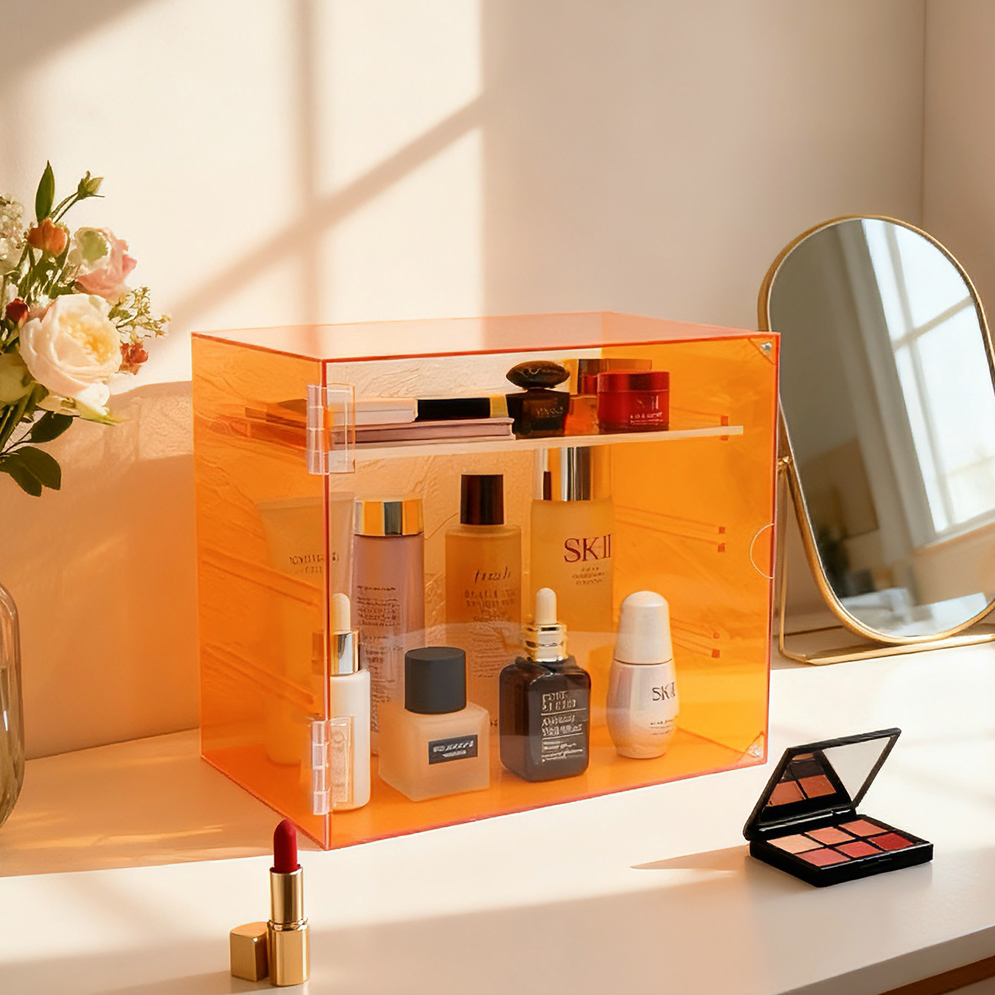 化妆品收纳盒卧室防尘带门带抽屉置物架梳妆台护肤品香水桌面收纳