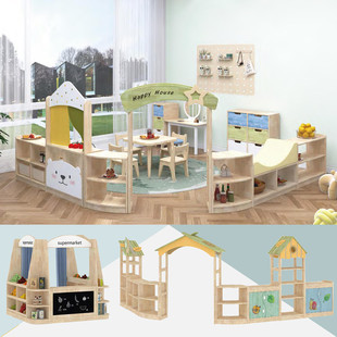幼儿园实木区域角玩具柜儿童过家家超市售卖柜木偶台厨房操作台