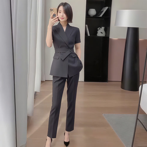 XZ151C-夏薄西装小脚裤套装大码女装胖MM短袖职业面试工作服外套