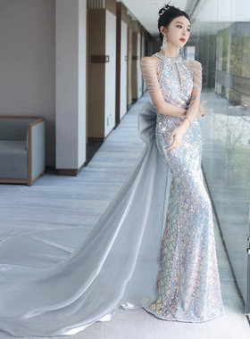 晚礼服女高端轻奢宴会主持人拖尾婚纱鱼尾性感挂脖长款高定连衣裙
