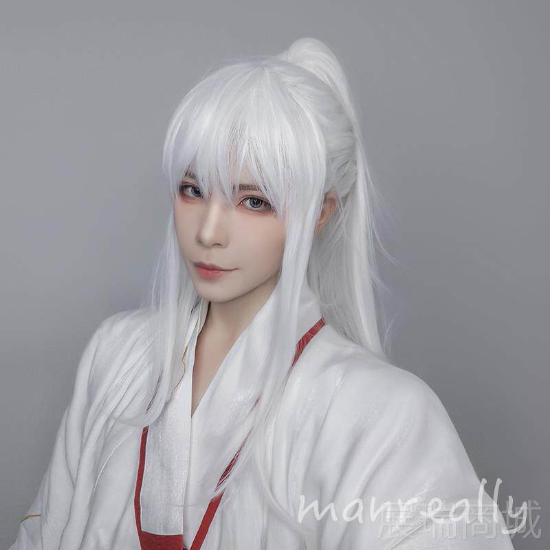 高档漫真假发男古风假服毛cos用万汉饰品白色虎口夹长马尾发逼真