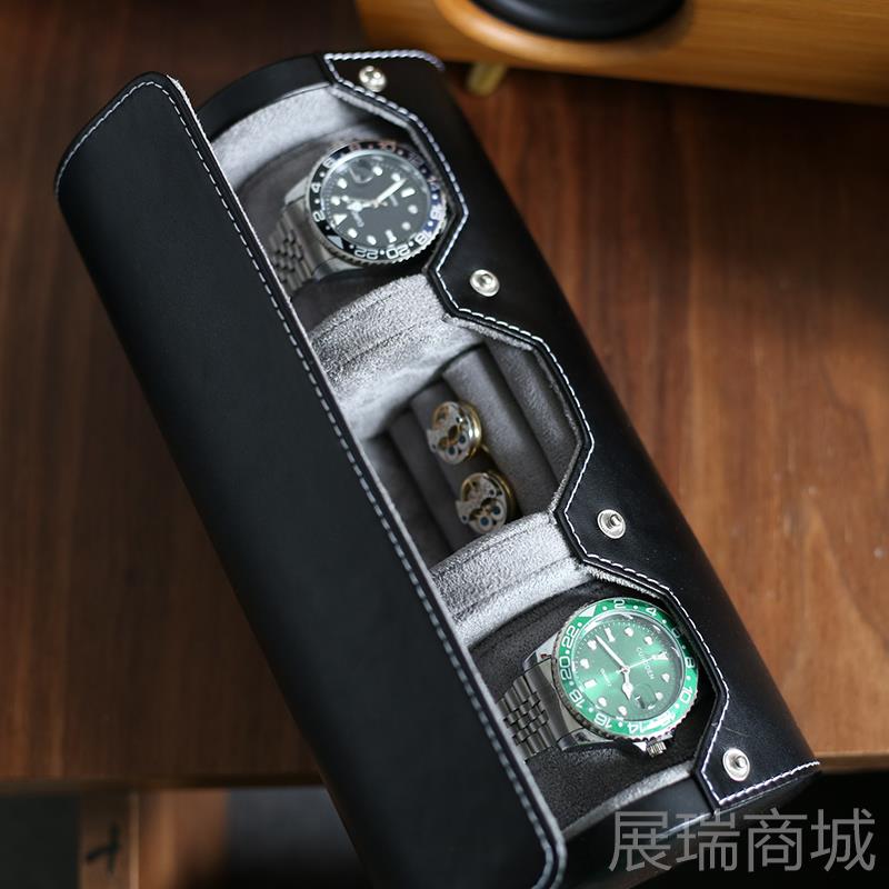 高档男士袖扣加两表便位指圆表形收纳盒戒盒旅行携手盒皮质表盒首