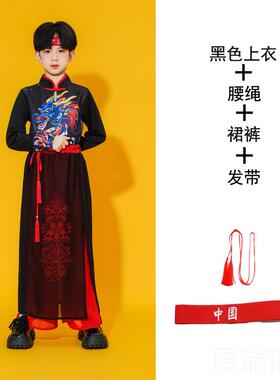 高档儿童中风演出服国式运风动会服新中国红色走秀国潮礼服打鼓表