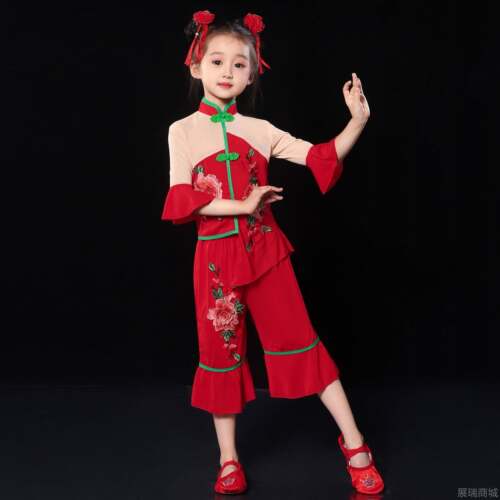 高档款儿喜北庆开童门红表演服民族东秧歌服扇子舞演出新服红色打