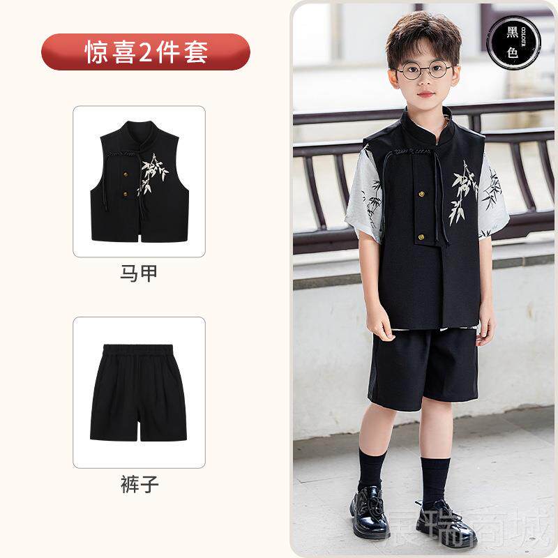 高档男新中童式唐装潮绣马刺甲短裤套国装古风汉服儿童主持走秀演