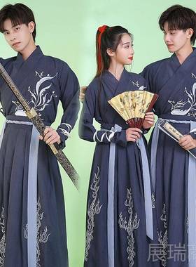 高档中国风格原汉创代传统演长袖少年古装武导士刺客学生黑色武术