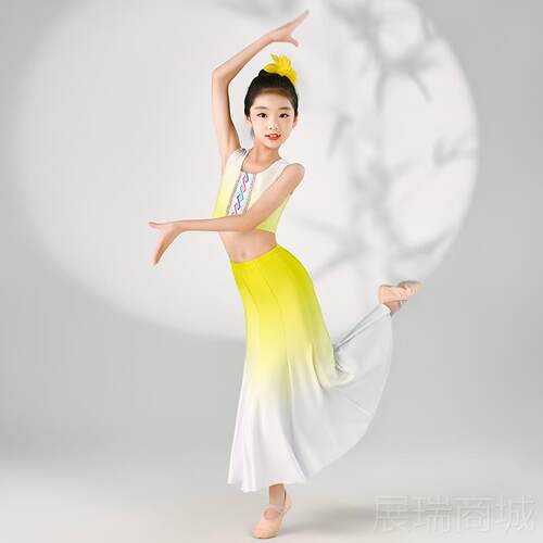 高档儿童裙舞演半出服民族女童孔雀蹈舞鱼尾身裙表演服包臀舞蹈练