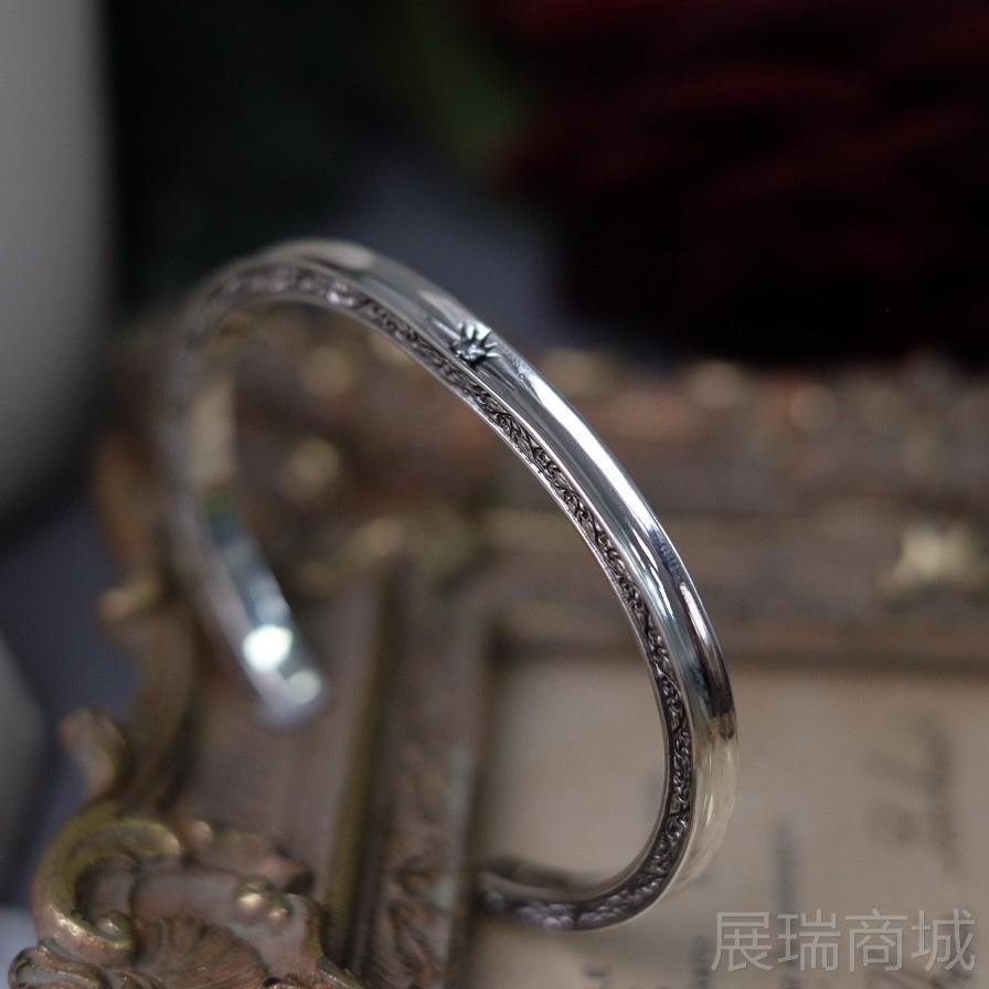 高档2S百HUI 9镯5纯银手复古搭星星锆石唐草花纹元素个性小众手饰