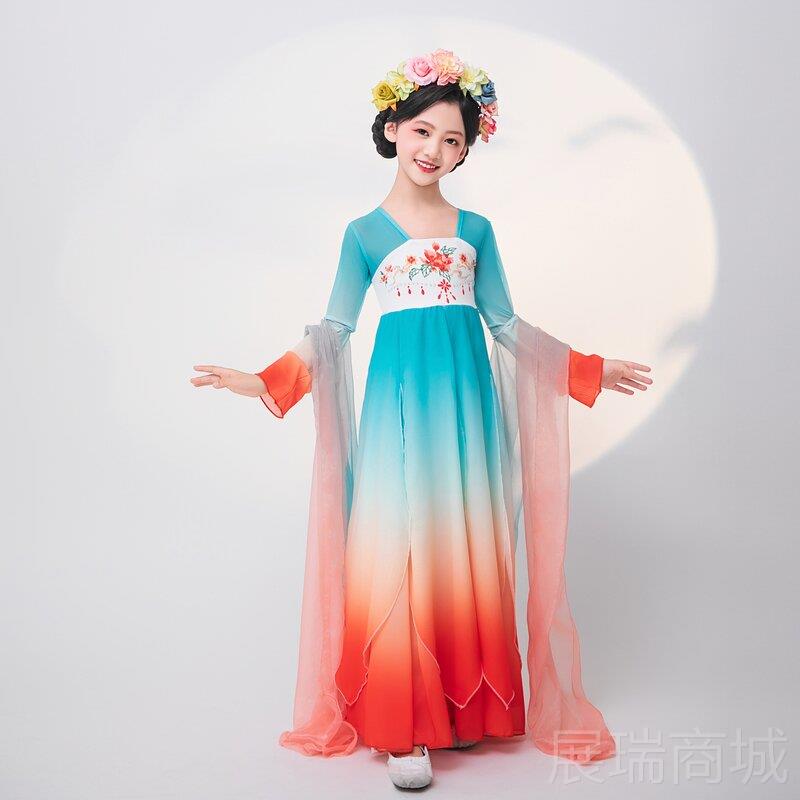 高档儿童古典舞服装、典雅大3摆裙、中国女子舞、蹈、古长安0k李
