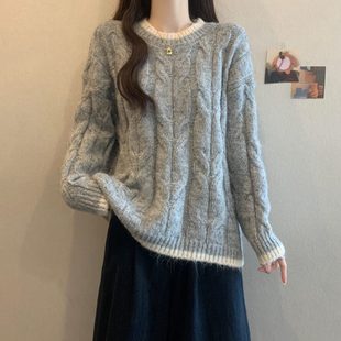 慵懒风软糯麻花毛衣女2025秋装新款大码胖mm宽松中长款针织衫上衣