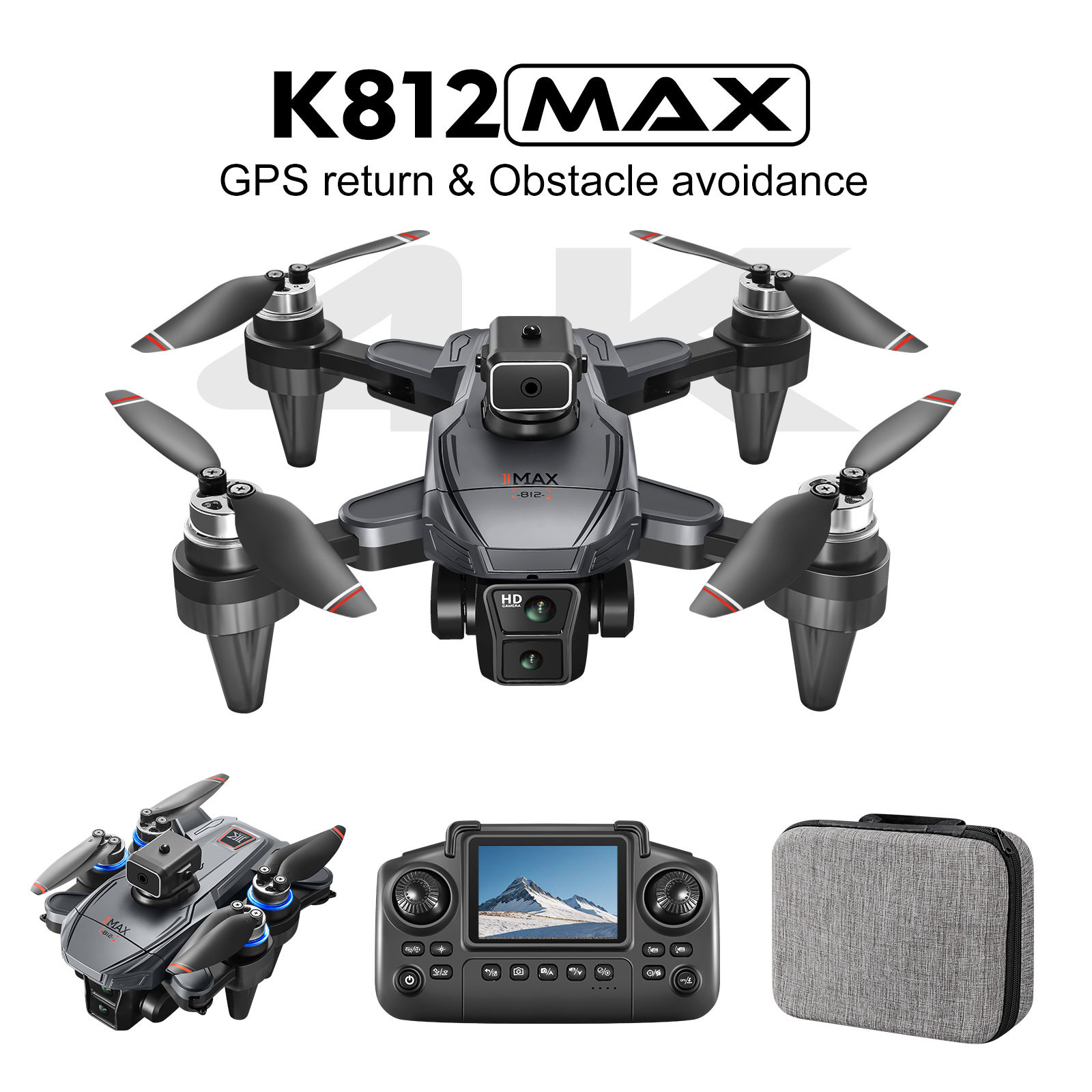 K812MAX无刷带屏控四轴飞行器高清航拍无人机GPS返航带避障空拍机
