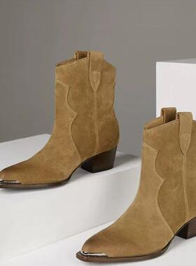 磨砂皮英伦金属尖头中粗跟短靴及裸靴复古一脚蹬西部牛仔靴