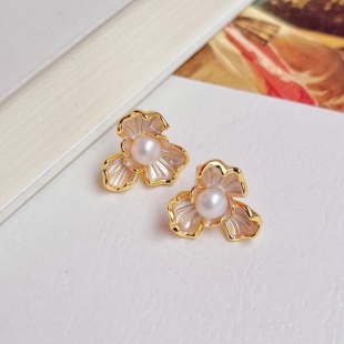 鸢尾花淡水珍珠耳钉法式复古设计高级感气质耳环2024年新款耳饰女