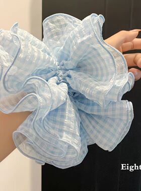 韩国蓝色系列奶油小众格子大肠发圈低马尾子头绳女感头饰品