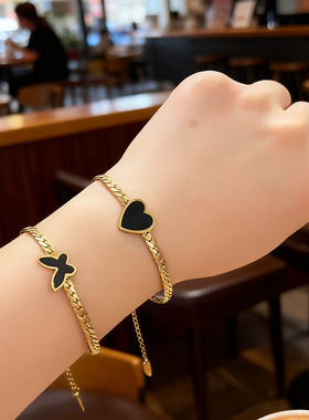 【通体钛钢】跨境简约黑色桃心罗马钛钢手链轻奢爱心心形蛇链手饰