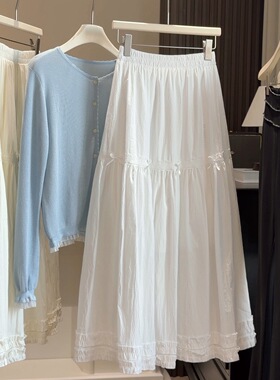 蝴蝶结木耳边白色蛋糕半身裙女2026春新款a字宽松显瘦中长大摆裙