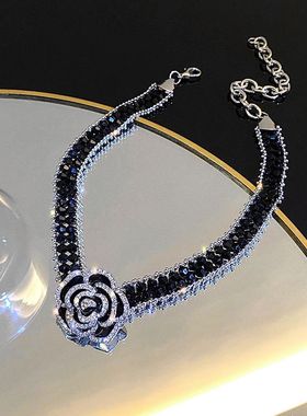 韩版气质黑色水晶花朵项链时尚设计短款锁骨链颈链冷淡风网红项链