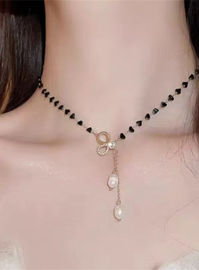 水晶蝴蝶结流苏项链女潮轻奢小众设计感新娘锁骨链高级感气质颈链
