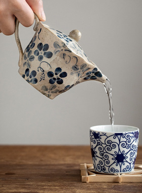日本进口美浓烧蓝染花茶壶日式小清新陶瓷过滤泡茶壶釉下彩茶具杯