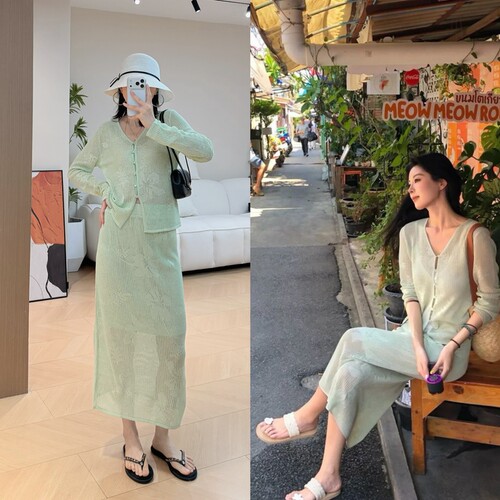 美到失语～SW孙乐言同款天丝亚麻镂空针织开衫+半裙绿绒蒿套装