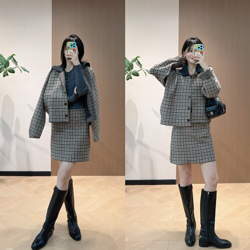 mc吸光发热V领针织长袖+c0s格纹针织衫外套+半身裙