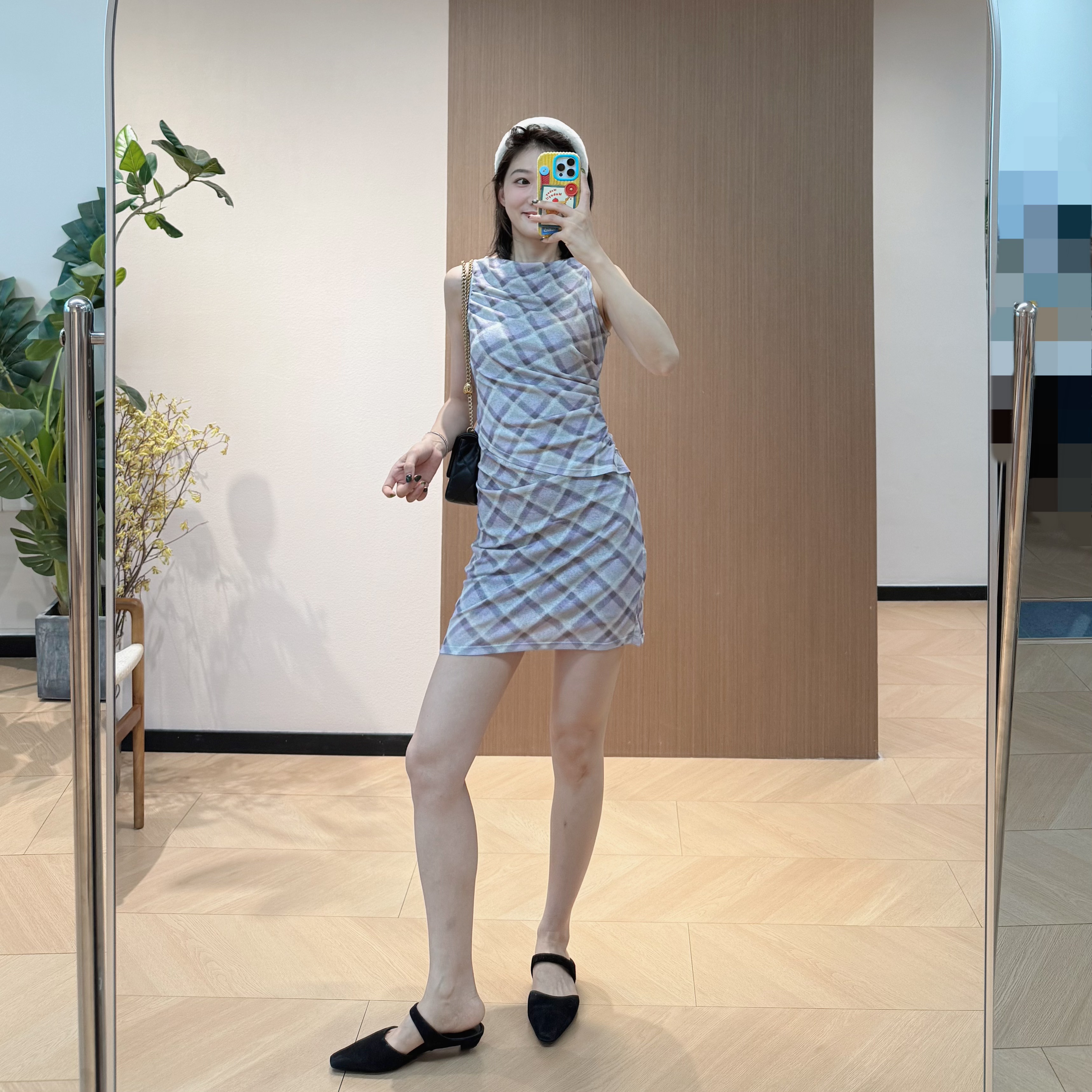 zz假两件紫格纹连衣裙