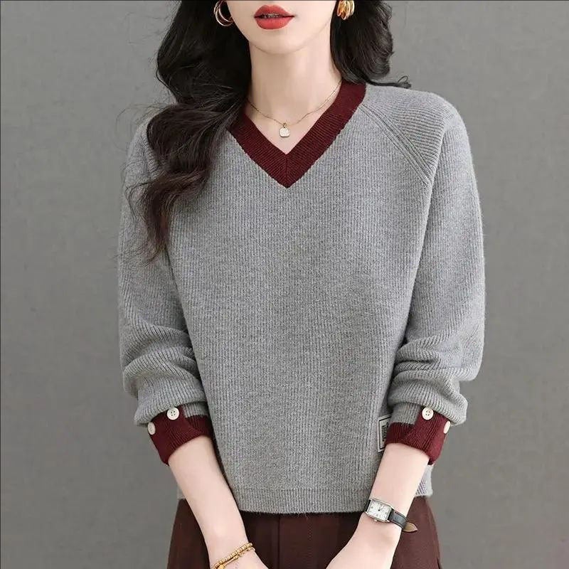 韩版v领打底针织衫女秋冬季加厚宽松慵懒风毛衣鸡心领内搭毛线衣