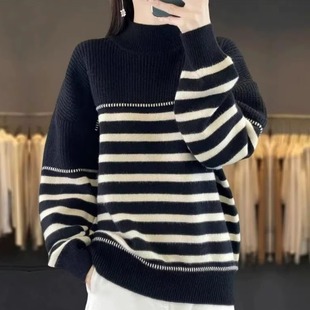 韩版复古半高领黑白条纹毛衣女秋冬加厚宽松慵懒风打底针织衫内搭