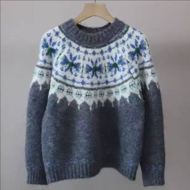 韩版复古圆领慵懒风针织衫女士秋冬季加厚宽松打底毛衣内搭毛线衣