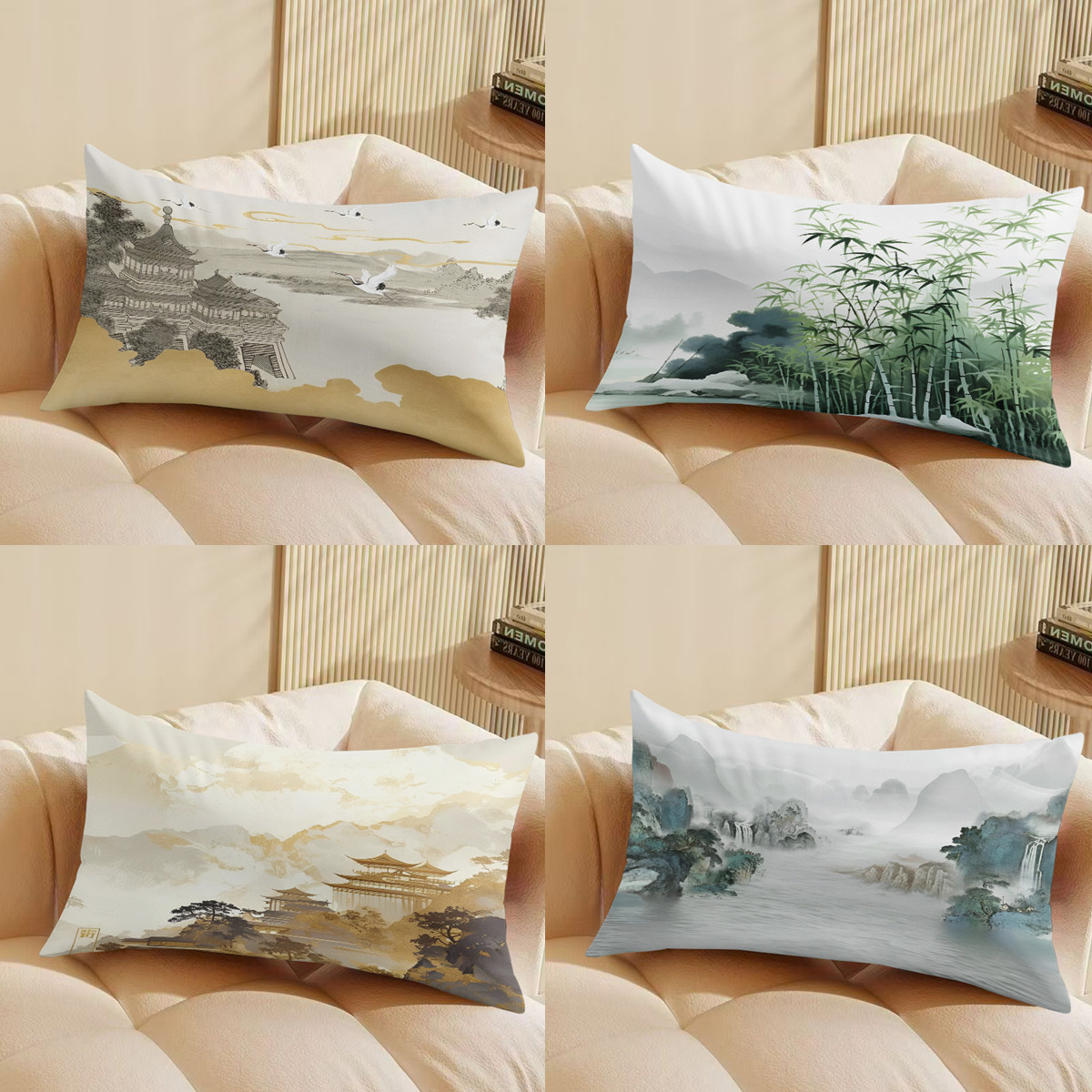 中式国画风水画腰枕套水墨山水装饰瀑布风景靠枕民宿客厅沙发靠垫